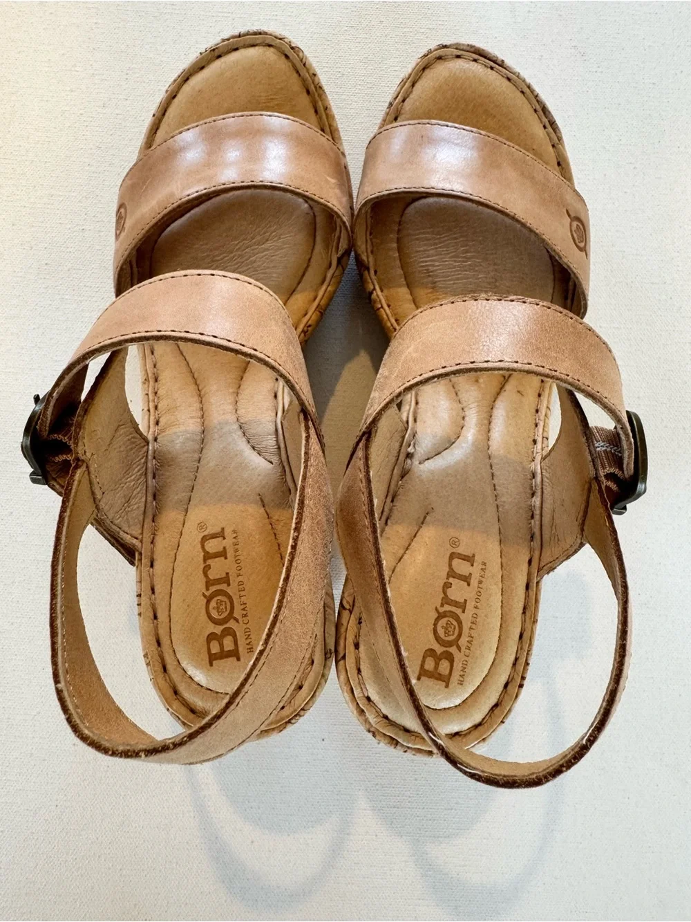 Born Lenore Cork Wedge Sandal Womens 7 Natural Tan Leather Comfort Platform Shoe - Picture 6 of 10